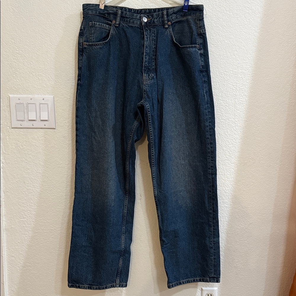 Zara Men's Dark Blue light wash,wide leg baggy denim pants